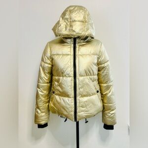 American Eagle Women's Metallic GOLD Puffer Jacket Hood Zip Front Sz SMALL